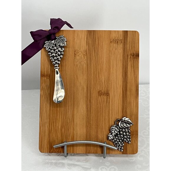 Bamboo Cheese Board With Grape Metal Accents & Cheese Spreader 7" x 8.75" - Picture 1 of 2